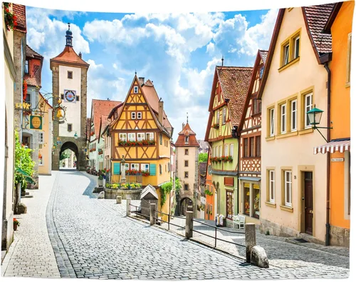 BELECO Tapiz de calle de pueblo alemán, tapiz de Oktoberfest de 106 x 70 pulgadas, tapiz de Rothenburg Baviera, Alemania, tapiz para colgar en la