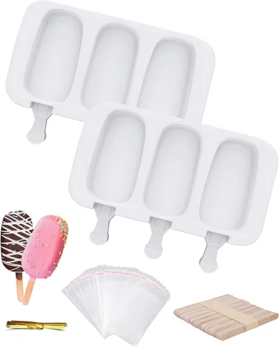 Miniatura 10 de Ouddy moldes de silicona para paletas con tapa, 2 moldes para paletas para niños, 4 cavidades, moldes ovalados para helados con 50 palitos