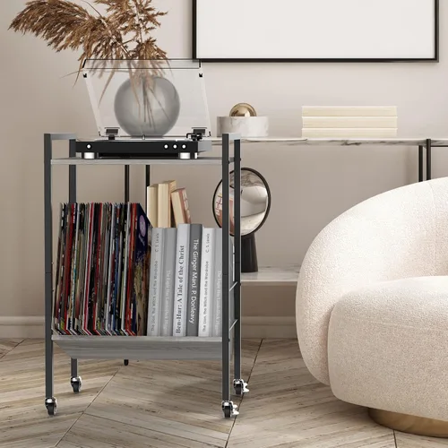 Miniatura 2 de YBING Soporte para tocadiscos con almacenamiento de discos, mesa de almacenamiento de discos de vinilo, mesas auxiliares de 2 niveles, soporte