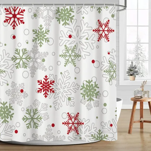 MEHOFOND Cortina de ducha de invierno y Navidad con copos de nieve, cortina de ducha de Navidad, copos de nieve verdes y Ren, decoración de baño