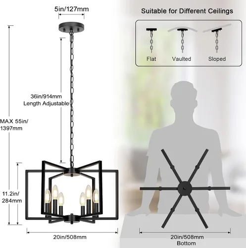 Miniatura 2 de Candelabro negro de granja, lámpara geométrica de 6 luces para comedor, moderna lámpara de techo industrial de metal, luces colgantes rústicas