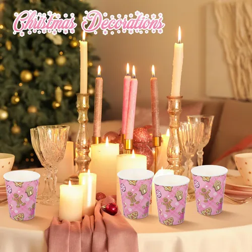 Miniatura 6 de Hushee 50 tazas de café de jengibre rosa de Navidad de 9 onzas, vasos de papel de Navidad con copos de nieve para beber té, bebidas frías calientes