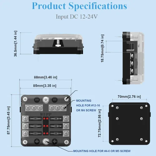 Miniatura 4 de WUPP Bloque de fusibles de 12 voltios, panel de fusibles impermeable para barco con indicador de advertencia LED, cubierta a prueba de humedad, 6