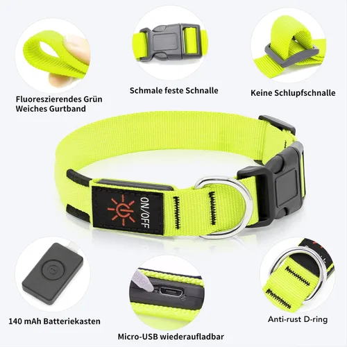 Miniatura 3 de Collar de perro KOSKILL LED - Ajustable, recargable, impermeable, brilla en la oscuridad para perros medianos y grandes Verde
