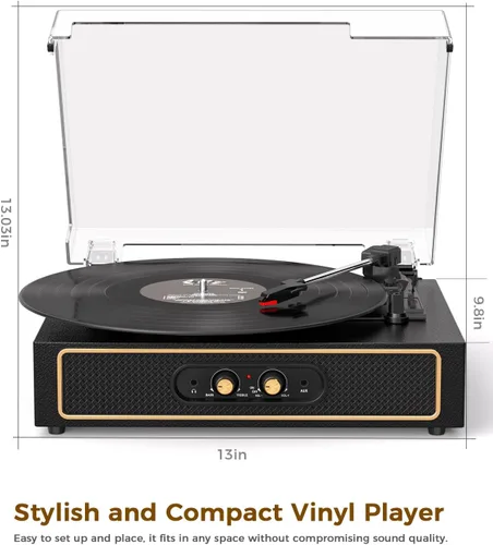 Miniatura 10 de Tocadiscos retro Bluetooth con altavoces integrados, tocadiscos de 3 velocidades por correa, control de graves y agudos, reproductor de vinilo Negro