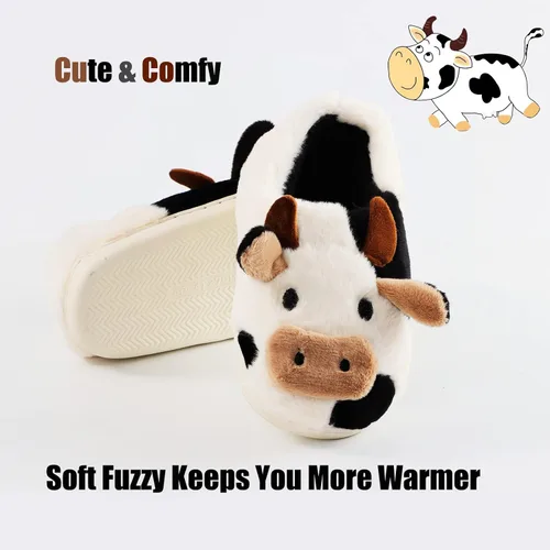 Miniatura 2 de Fuzzy Cow Slippers for Women Men, Cute Cotton Animals House Shoes Fluffy Plush Slippers for Girls Indoor Living Room Bedroom