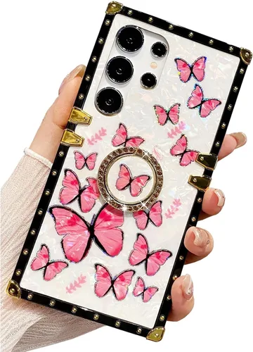 Miniatura 8 de Bonita funda compatible con Samsung Galaxy S22 Ultra, soporte plegable de lujo con diseño de mariposa brillante para mujeres y niñas, funda Blanco