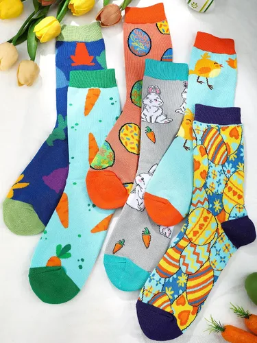 Miniatura 4 de Jenaai 6 pares de calcetines de Pascua para adultos, calcetines estampados novedosos con diseño de conejo, zanahoria, huevo, pollito para regalo