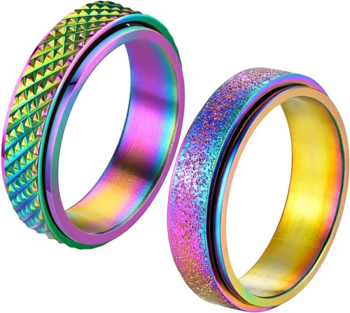 Miniatura 8 de Anillos de Ansiedad Anillos Fidget para Mujeres Anillos Giratorios para Ansiedad 4 Piezas 6MM Anillo de Acero de Titanio Arcoíris Talla 5-11 Anillos
