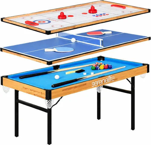 SereneLife Mesa de juegos múltiples 4 en 1, juegos de arcade deportivos portátiles plegables de 4'x2' con accesorios, ping pong, air hockey, pool y