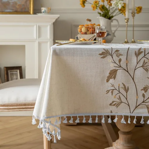 Miniatura 4 de Oubonun Mantel cuadrado de lino de algodón, resistente a las arrugas y al agua, lavable a máquina con borlas para cocina y comedor, 55 x 55