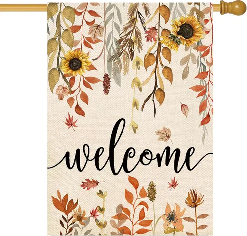 Miniatura 7 de ORTIGIA Bandera de jardín con hojas de arce de bienvenida y otoño, vertical, de doble cara, de 12 x 18 pulgadas, diseño de girasoles otoñales