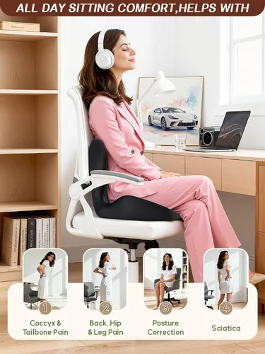 Miniatura 7 de Benazcap - Cojín de asiento de espuma viscoelástica con almohada de apoyo lumbar para silla de oficina, coche y silla de juegos, silla de ruedas