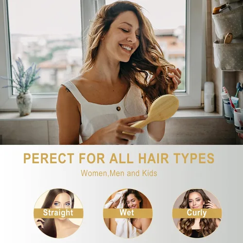 Miniatura 6 de MRD Cepillo de cabello, cepillo de paleta de bambú natural para desenredar, masaje del cuero cabelludo para cabello grueso/fino/rizado/seco