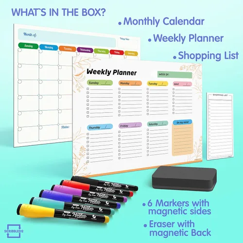 Miniatura 2 de Agenda mensual (paquete de 3) pizarra blanca magnética para refrigerador, calendario semanal de borrado en seco, calendario magnético