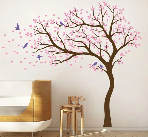 Miniatura 12 de Vinilo decorativo para pared de árbol grande con pájaros y hojas que soplan en el viento, adhesivo mural de bosque