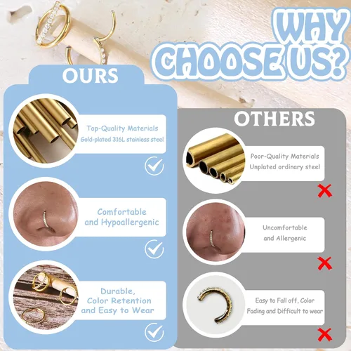 Miniatura 3 de SmileBelle Anillos de nariz con bisagra de 14K de oro para mujeres 20G, anillo de tabique clicker de acero quirúrgico 316L, arete de aro Huggie