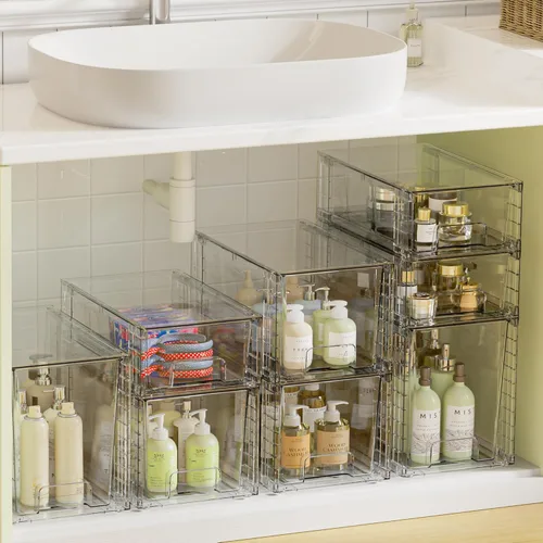Miniatura 9 de Vtopmart Paquete de 3 cajones de almacenamiento apilables transparentes, organizadores de baño fáciles de montar y almacenamiento con asas, cajones