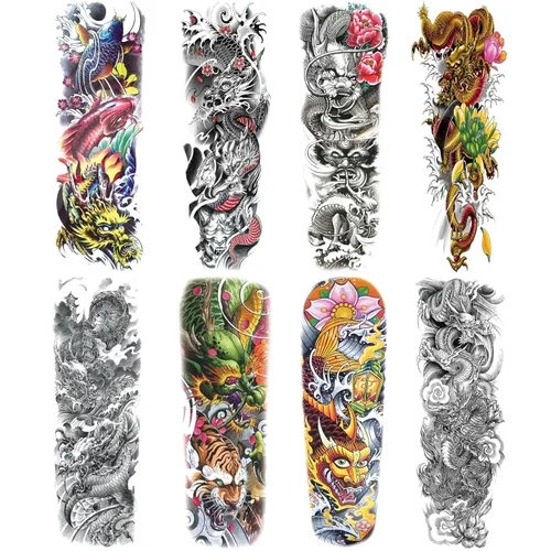 Miniatura 9 de Adhesivos de manga de tatuajes falsos de lobo león, brazo completo, dragón animal, tribal, mangas temporales de tatuaje para hombres, mujeres