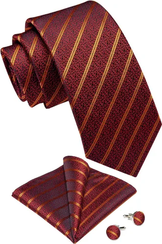 Miniatura 3 de DiBanGu Juego de corbata a rayas para hombre, corbata tejida de seda a cuadros y gemelos cuadrados de bolsillo, negocios y bodas