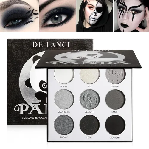 DE'LANCI PANDA - Paleta de sombras de ojos ahumadas negras, 9 colores verdaderos, negro, gris oscuro, ahumado, gótico, paleta de maquillaje, 9 tonos