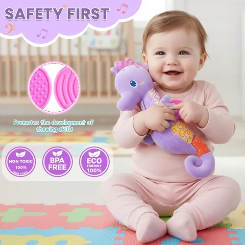 Miniatura 4 de Juguetes para bebés de 0 a 6 meses, animales de peluche musicales para bebés con colores brillantes, juguetes sensoriales de caballito de mar