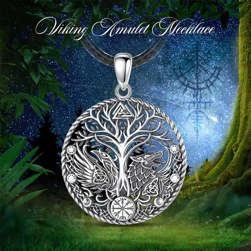 Miniatura 7 de Vito Collares vikingos de plata de ley 925 para mujeres y hombres, árbol nórdico de la vida, Odín, martillo de Thor, lobo, dragón, cuervo, caballo