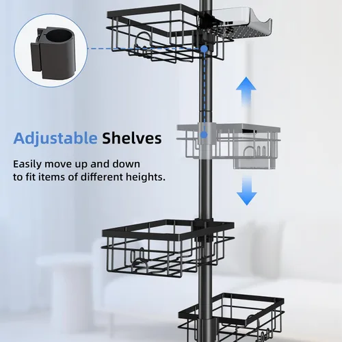 Miniatura 4 de GearFusion Organizador de ducha, poste de tensión, estante de ducha esquinero de 4 niveles a prueba de óxido con altura ajustable de 25 a 114