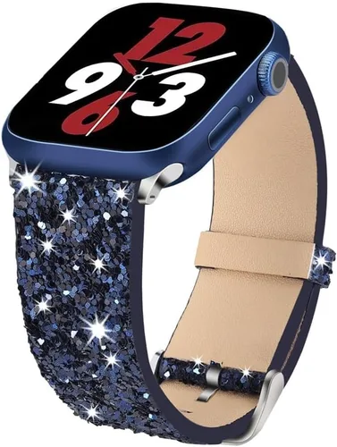 Miniatura 13 de Bling Band Compatible with Apple Watch Bands 38mm 40mm 41mm 42mm 44mm 45mm 46mm 49mm Ultra 3/2/1, Glitter Sparkle Leather Strap For iWatch Band