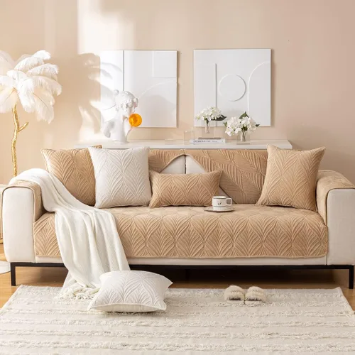 Miniatura 2 de vctops Fundas acolchadas de terciopelo súper suave para sofá y sillón, funda antideslizante para sofá seccional con patrón de hojas, forro de sofá