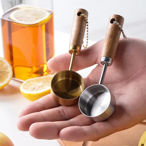 Miniatura 5 de JASHII Juego de tazas medidoras de 0.5 fl oz/0.47 oz con mango de madera, 2 cucharas medidoras de acero inoxidable plateado, juego de utensilios