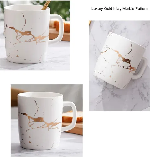 Miniatura 2 de Coffeezone Tazas de café de mármol de cerámica mate de 12 onzas con incrustaciones de oro de lujo (blanco, 4 tazas de mármol dorado)