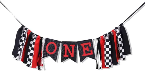 Cartel para silla alta de carreras, decoración de fiesta de primer o primer cumpleaños, cartel de silla alta de auto de carreras, bandera a cuadros