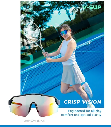 Miniatura 2 de V-SUP TR90 - Gafas de sol de ciclismo con protección UV400, ajustables y ultraligeras con estuche para correr y uso al aire libre Blakc+rojo(4331)
