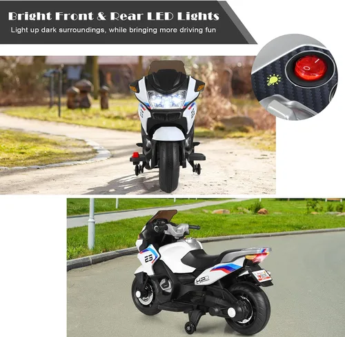 Miniatura 7 de HONEY JOY Motocicleta para niños de 12 V, vehículo eléctrico a batería para niños, ruedas de entrenamiento, luces LED, pedal de pie, suspensión