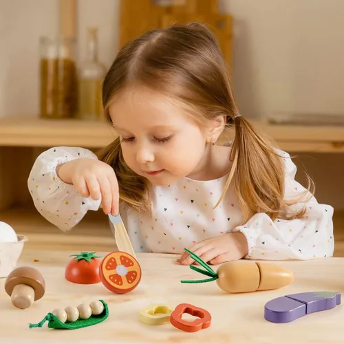 Miniatura 3 de ROBOTIME Juego de Comida de Juguete de Madera para Cortar Verduras, Juguete de Comida de Simulación para Cocina de Juguete con Bolsa de Compras
