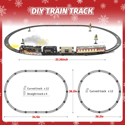 Miniatura 3 de Funwee Juguete de tren eléctrico con humo, luces y sonido, juego de tren para debajo del árbol de Navidad, modelo de tren de locomotora con pista