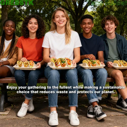 Miniatura 3 de GREBSTK Paquete de 30 soportes desechables para tacos, platos de taco de pulpa de bagazo compostables con 3 divisores para fiesta de tacos, juego