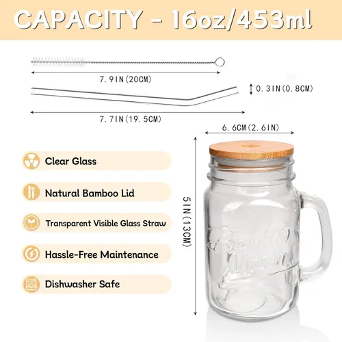 Miniatura 2 de ANOTION Vasos para beber Mason Jar – Frascos Mason Jar de vidrio de 16 onzas con tapas y pajitas, taza de café helado, botellas de jugo Mason Jar
