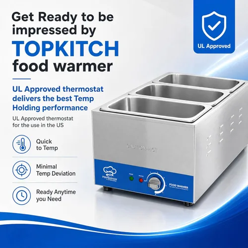 Miniatura 3 de TOPKITCH Calentador de alimentos comercial de 3 bandejas 18L con tanque de agua sin fugas de formación elástica y 3 de 1/3 de tamaño GN, mesa