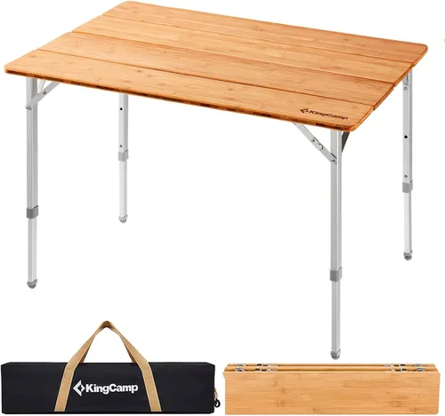 KingCamp Mesa de camping plegable de altura ajustable, mesa plegable de bambú de 4 partes para RV, camping al aire libre, portátil, mesa de
