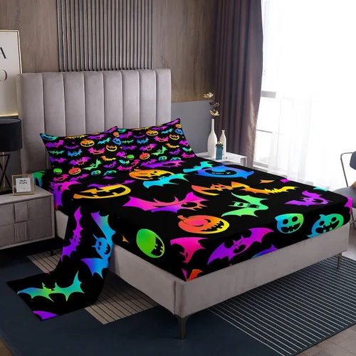 Miniatura 17 de Lindas sábanas de murciélagos tamaño individual, juego de sábanas de Feliz Halloween para niños y niñas, Kawaii cielo estrellado estrellas luna