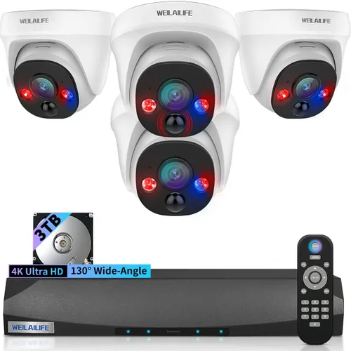 【Gran angular de 130° y 90 días de almacenamiento】Sistema de cámara de seguridad de cúpula con cable, sistemas de cámara de videovigilancia para el