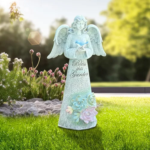 Miniatura 2 de Estatua de jardín de ángeles, decoración al aire libre, jardín de ángel sosteniendo pájaro con luces solares, regalos de jardinería para mamá