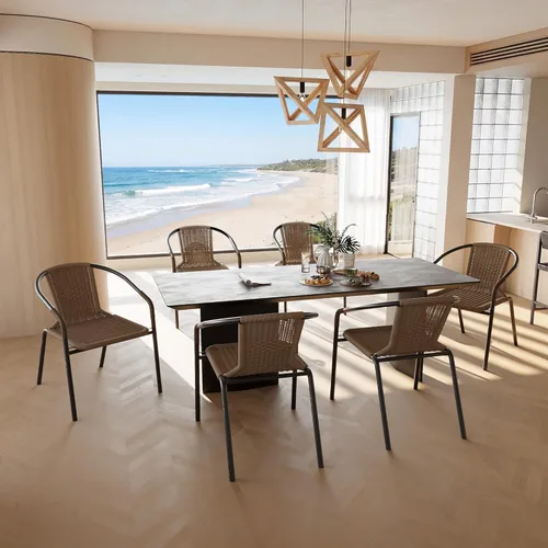 Miniatura 9 de Amopatio Juego de 6 sillas de comedor al aire libre, sillas apilables para patio al aire libre, sillas de ratán para patio, porche, terraza, jardín