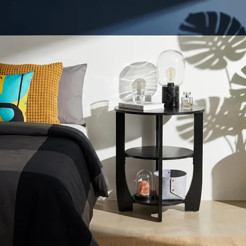Miniatura 6 de Mesa auxiliar redonda, mesa auxiliar de 3 niveles con almacenamiento, mesa decorativa negra de 19.7 pulgadas, mesita de noche para dormitorio, sala