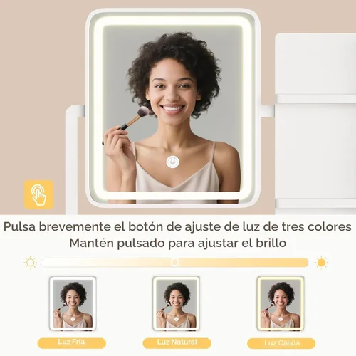 Miniatura 5 de YeTom Escritorio de maquillaje con espejo y luces, tocador pequeño con cajón de almacenamiento de tela, estantes y mesa auxiliar, tocador de Negro