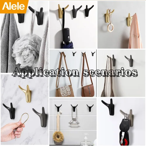 Miniatura 4 de Alele 2 ganchos de cuerno negros montados en la pared, ganchos de doble pared de metal resistente para colgar abrigos, toallas, sombreros, etc.