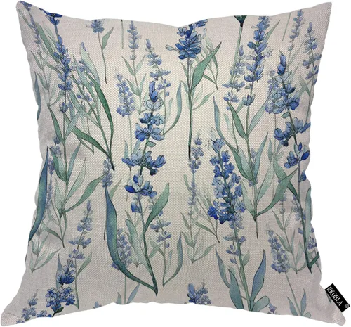 EKOBLA Funda de cojín cuadrada de color lavanda, diseño floral azul, flores silvestres, flores románticas, hojas naturales, para hombres, mujeres,