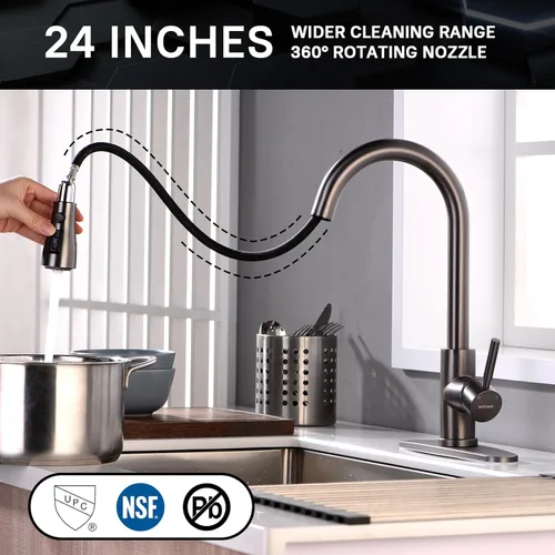 Miniatura 3 de WEWE Grifo de cocina de acero inoxidable negro con rociador desplegable, grifo de fregadero de acero inoxidable comercial moderno de una sola manija